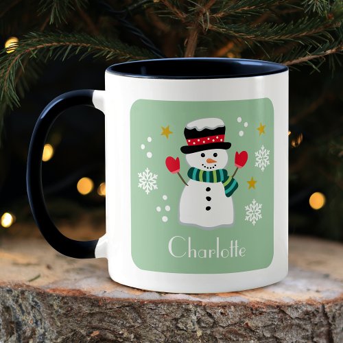 Cute Christmas Snowman Custom Name Green Mug