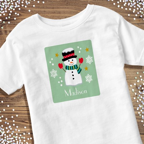 Cute Christmas Snowman Custom Name Green Toddler T_shirt