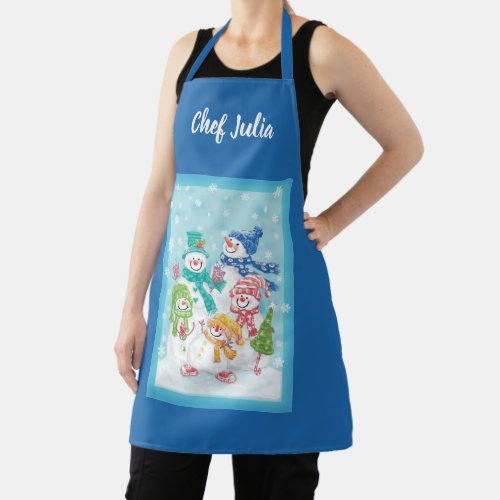 Cute Christmas Snowman Family in the Snow Apron