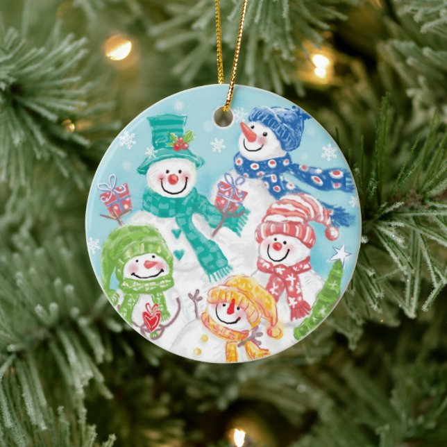Cute Christmas Snowman Family in the Snow Ceramic Ornament (Tree)