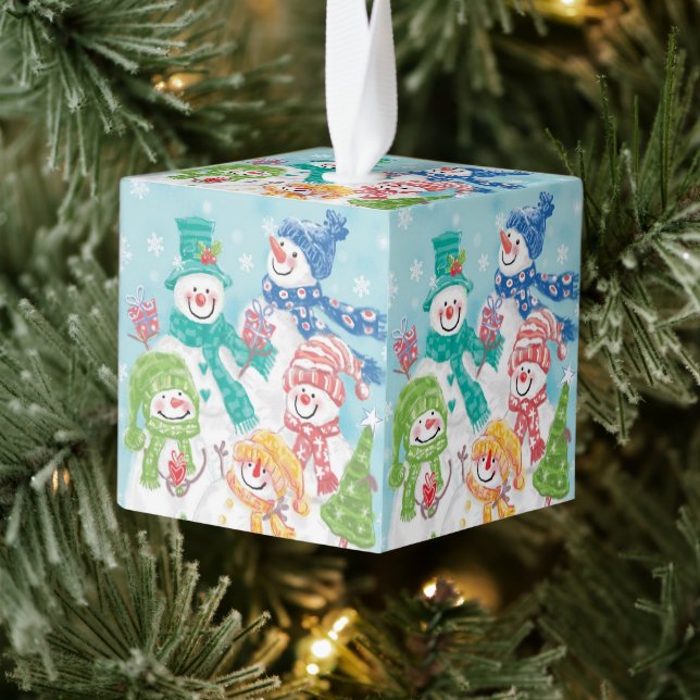 Cute Christmas Snowman Family in the Snow Cube Ornament (Tree)