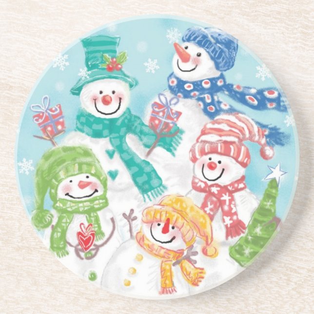 Cute Christmas Snowman Family in the Snow Drink Coaster (Front)