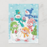 Cute Christmas Snowman Family in the Snow Holiday Postcard<br><div class="desc">Vintage illustration Merry Christmas holiday design featuring an adorable cartoon happy snowman family with mom, dad and the snow children. Everyone is smiling and wearing a scarf and holding Christmas presents and a Christmas tree. It is snowing with large snowflakes falling. Their scarves and hats are all different colors, red,...</div>