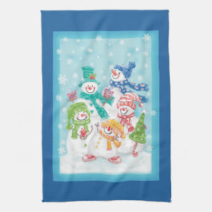 Cute Christmas Snowman Family in the Snow Kitchen Towel