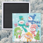 Cute Christmas Snowman Family in the Snow Magnet<br><div class="desc">Vintage illustration Merry Christmas holiday design featuring an adorable cartoon happy snowman family with mom, dad and the snow children. Everyone is smiling and wearing a scarf and holding Christmas presents and a Christmas tree. It is snowing with large snowflakes falling. Their scarves and hats are all different colors, red,...</div>
