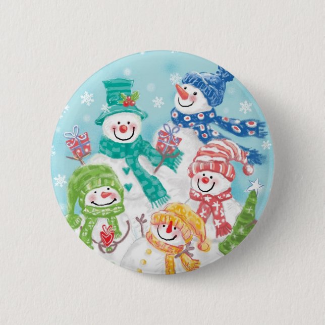 Cute Christmas Snowman Family in the Snow Pinback Button (Front)