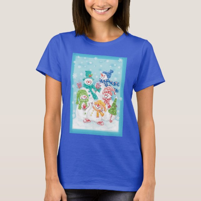Cute Christmas Snowman Family in the Snow T-Shirt (Front)