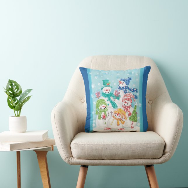 Cute Christmas Snowman Family in the Snow Throw Pillow (Chair)