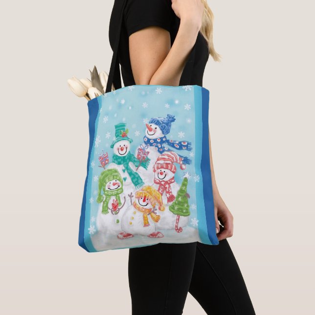 Cute Christmas Snowman Family in the Snow Tote Bag (Close Up)
