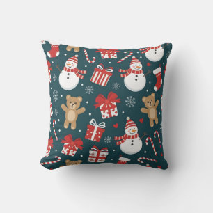 “Cute Christmas Snowman & Gifts Pattern Pillow” Throw Pillow