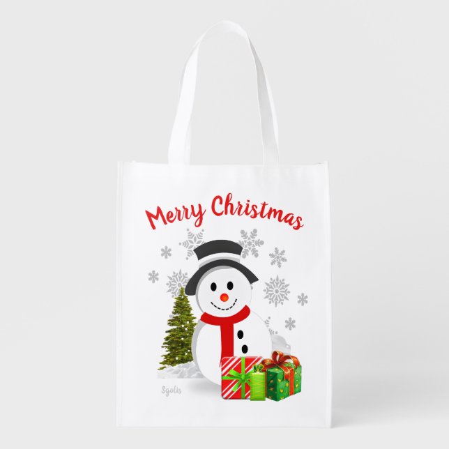 Cute Christmas Snowman Grocery Bag (Front)