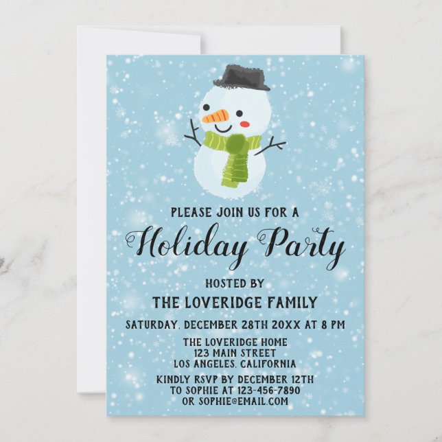 Cute Christmas Snowman Holiday Party White Snow Invitation (Front)