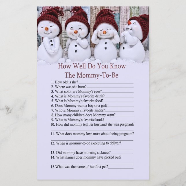 Cute Christmas Snowman how well do you know game (Front)