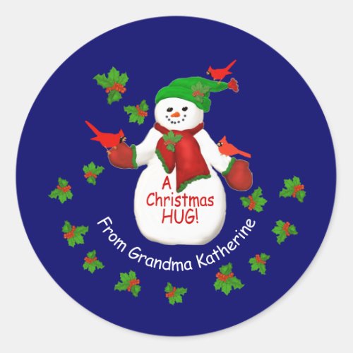 Cute Christmas Snowman Hug From Grandma Classic Ro Classic Round Sticker