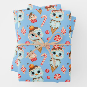 Cute Christmas Snowman Ice Cream and Candy Canes Wrapping Paper Sheets