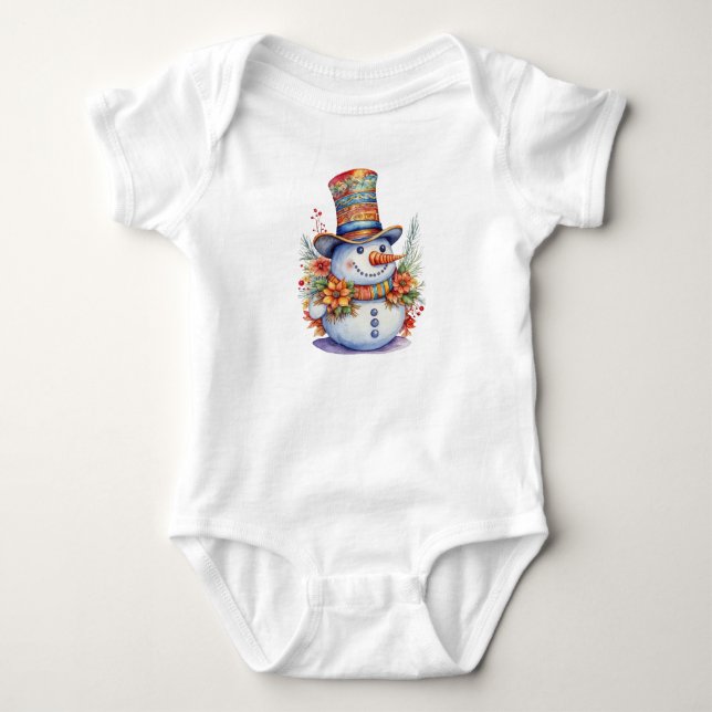 Cute Christmas Snowman in Mandala Hat Watercolor  Baby Bodysuit (Front)