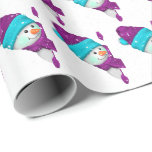 Cute Christmas snowman in snowflakes Wrapping Paper<br><div class="desc">Cute purple and aqua Christmas snowman in snowflakes on white background.
Background color can be changed.</div>