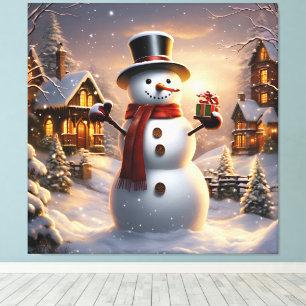 Cute Christmas Snowman in the Village Canvas Print