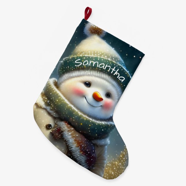 Cute Christmas Snowman Large Christmas Stocking (Front (Hanging))