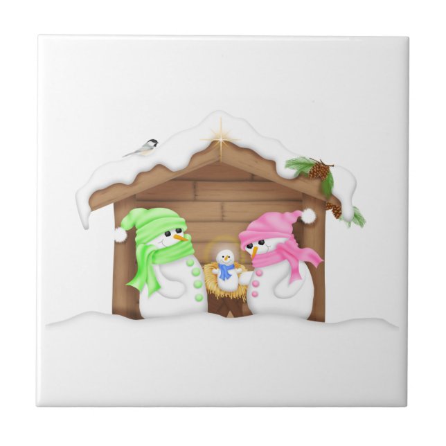 Cute Christmas Snowman Manger Ceramic Tile (Front)