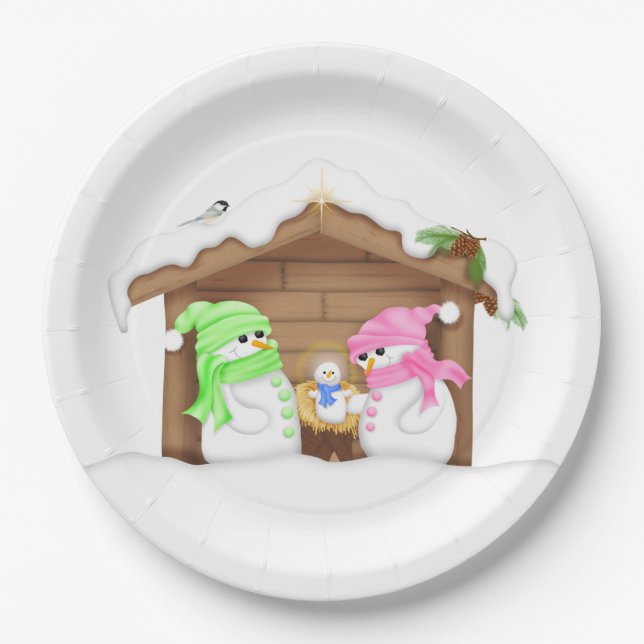 Cute Christmas Snowman Manger Paper Plates (Front)
