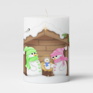 Cute Christmas Snowman Manger Pillar Candle