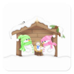 Cute Christmas Snowman Manger Square Sticker