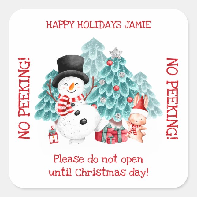 Cute Christmas Snowman No peeking Square Sticker (Front)