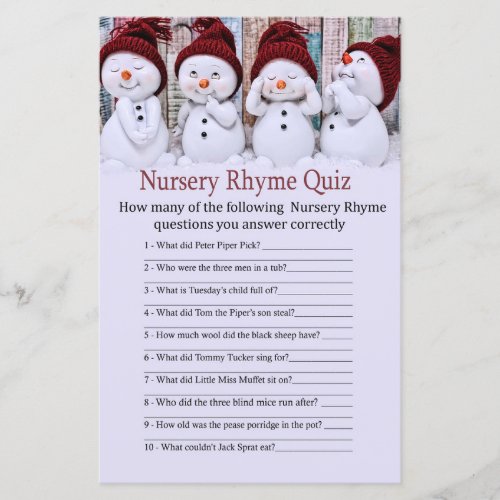 Cute Christmas Snowman Nursery Rhyme Quiz game
