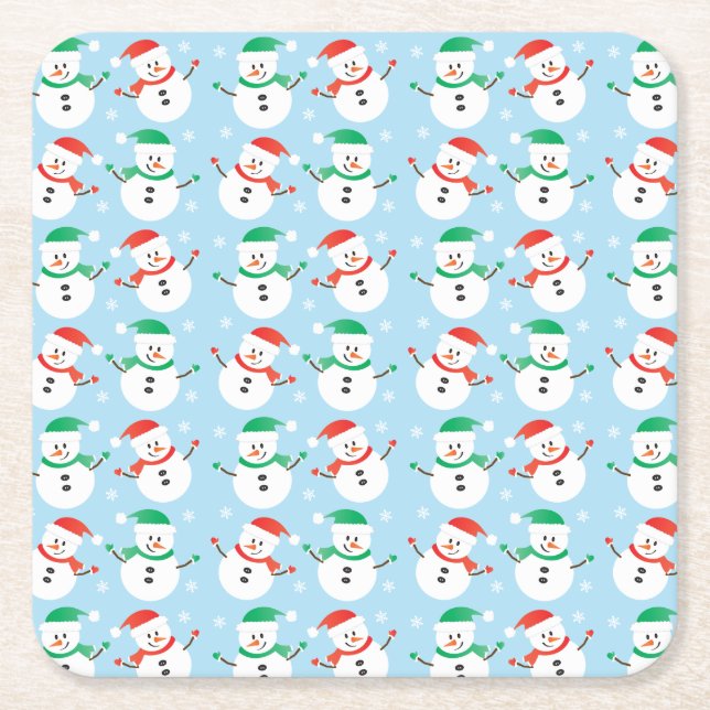 Cute Christmas Snowman Pattern Square Paper Coaster (Front)