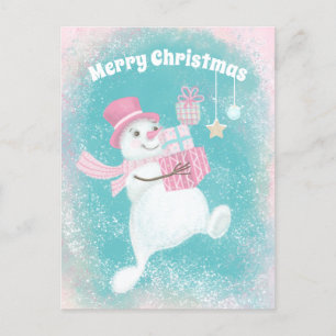 Cute Christmas Snowman Pink and Mint Holiday Postcard