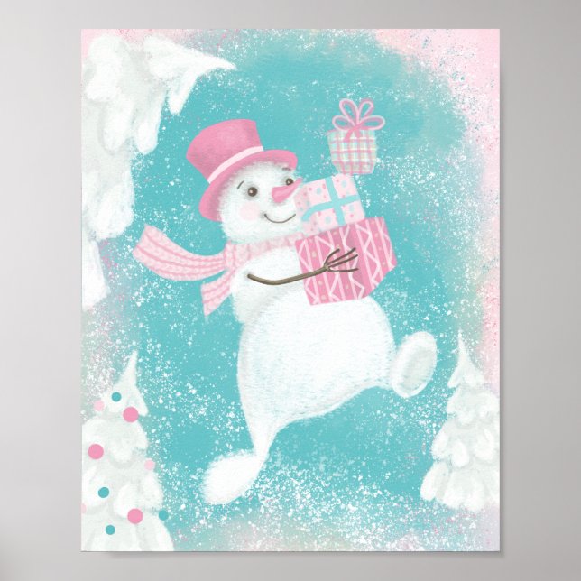 Cute Christmas Snowman Pink and Mint Poster (Front)