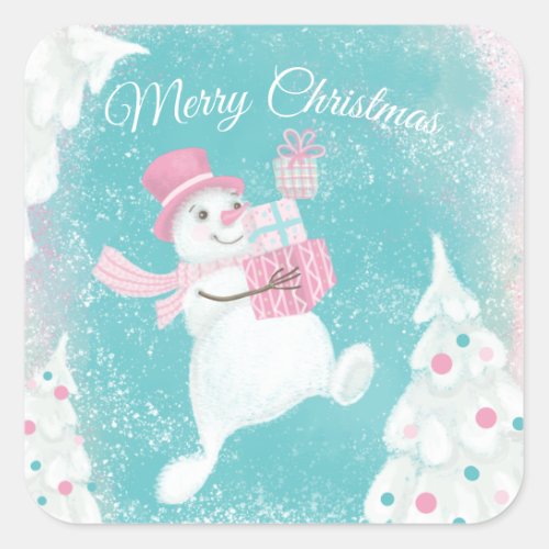 Cute Christmas Snowman Pink and Mint Square Sticker