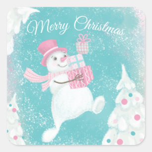 Cute Christmas Snowman Pink and Mint Square Sticker