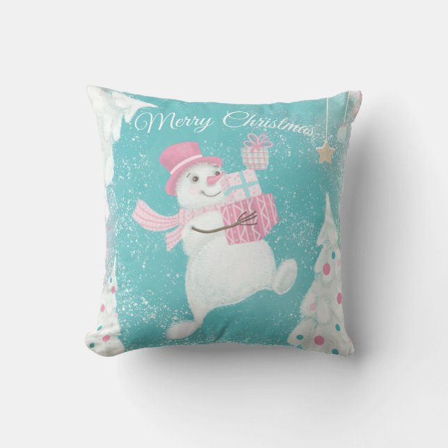 Cute Christmas Snowman Pink and Mint Throw Pillow (Front)