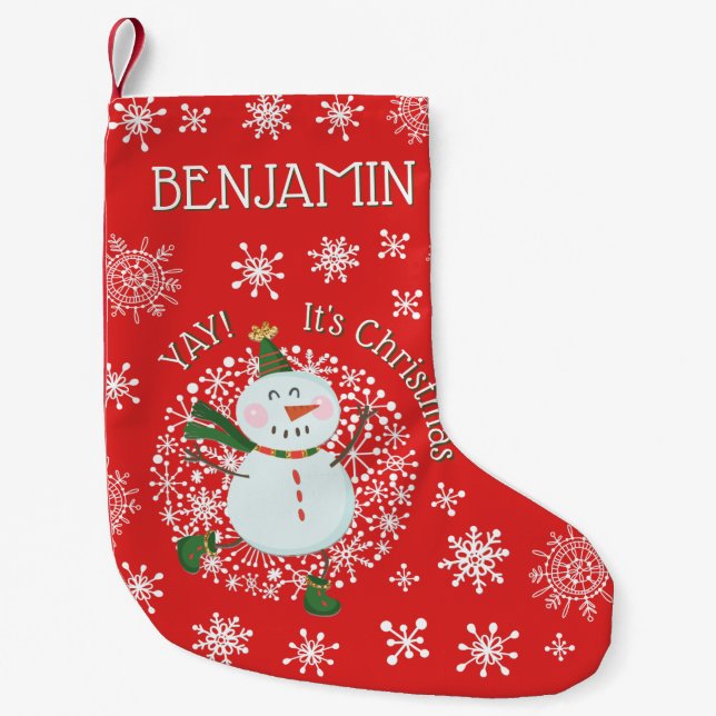 Cute Christmas Snowman Snowflakes Personalized Small Christmas Stocking (Front)