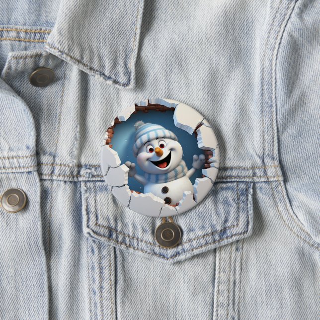 Cute Christmas snowman through wall illustrated Button (In Situ)