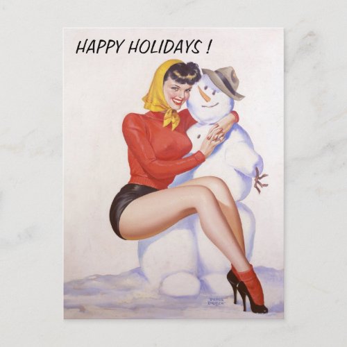 Cute Christmas Snowman Vintage Pin Up Girl  Postcard