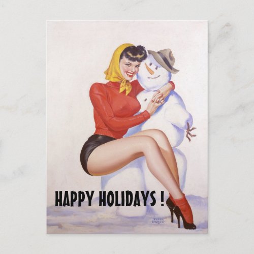 Cute Christmas Snowman Vintage Pin Up Girl  Postcard