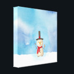 Cute Christmas Snowman Waving And Smiling Canvas Print<br><div class="desc">Wrapped canvas print with a cute snowman illustration. He is wearing a black stovepipe hat, holding a classic corn cob pipe, and wearing a red scarf. Standing in the cold white snow smiling and waving hello. The background is composed of a watercolor sky with blue and purple colors blending and...</div>