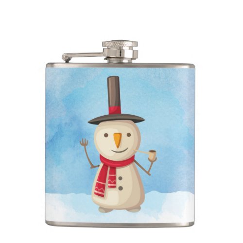 Cute Christmas Snowman Waving And Smiling Flask
