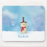 Cute Christmas Snowman Waving And Smiling Mouse Pad<br><div class="desc">Personalized mousepad with a cute snowman illustration. He is wearing a black stovepipe hat, holding a classic corn cob pipe, and wearing a red scarf. Standing in the cold white snow smiling and waving hello. The background is composed of a watercolor sky with blue and purple colors blending and mingling...</div>