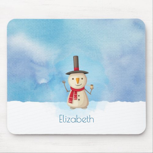Cute Christmas Snowman Waving And Smiling Mouse Pad