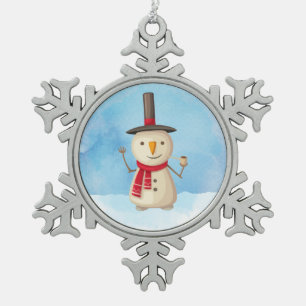 Cute Christmas Snowman Waving And Smiling Snowflake Pewter Christmas Ornament
