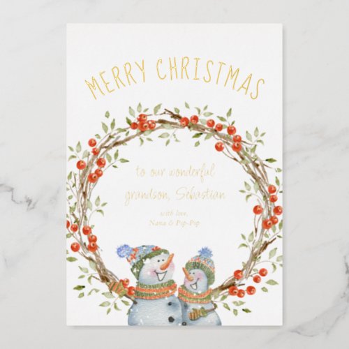 Cute Christmas Snowman Winter Berry Wreath Gold Foil Holiday Card