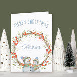 Cute Christmas Snowman Winter Berry Wreath Holiday<br><div class="desc">Personalized Christmas Card with winter berry wreath and cute snowman. The template is set up for you to add a name to the front of the card and you can also edit the message inside. The wording on the front simply reads "Merry Christmas [name]" and the design is decorated with...</div>