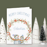 Cute Christmas Snowman Winter Berry Wreath Holiday Card<br><div class="desc">Personalized Christmas Card with winter berry wreath and cute snowman. The template is set up for you to add a name to the front of the card and you can also edit the message inside. The wording on the front simply reads "Merry Christmas [name]" and the design is decorated with...</div>