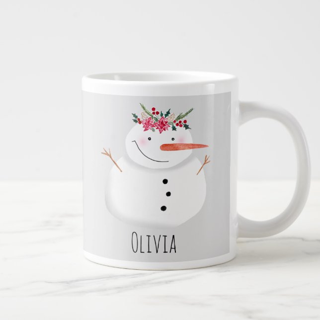 Cute Christmas Snowman with Flower and Name Giant Coffee Mug (Right)