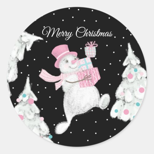 Cute Christmas Snowman with Gifts Night Snow Classic Round Sticker