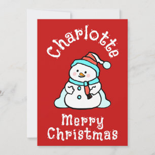 Cute Christmas Snowman With Name   Red Christmas Holiday Card